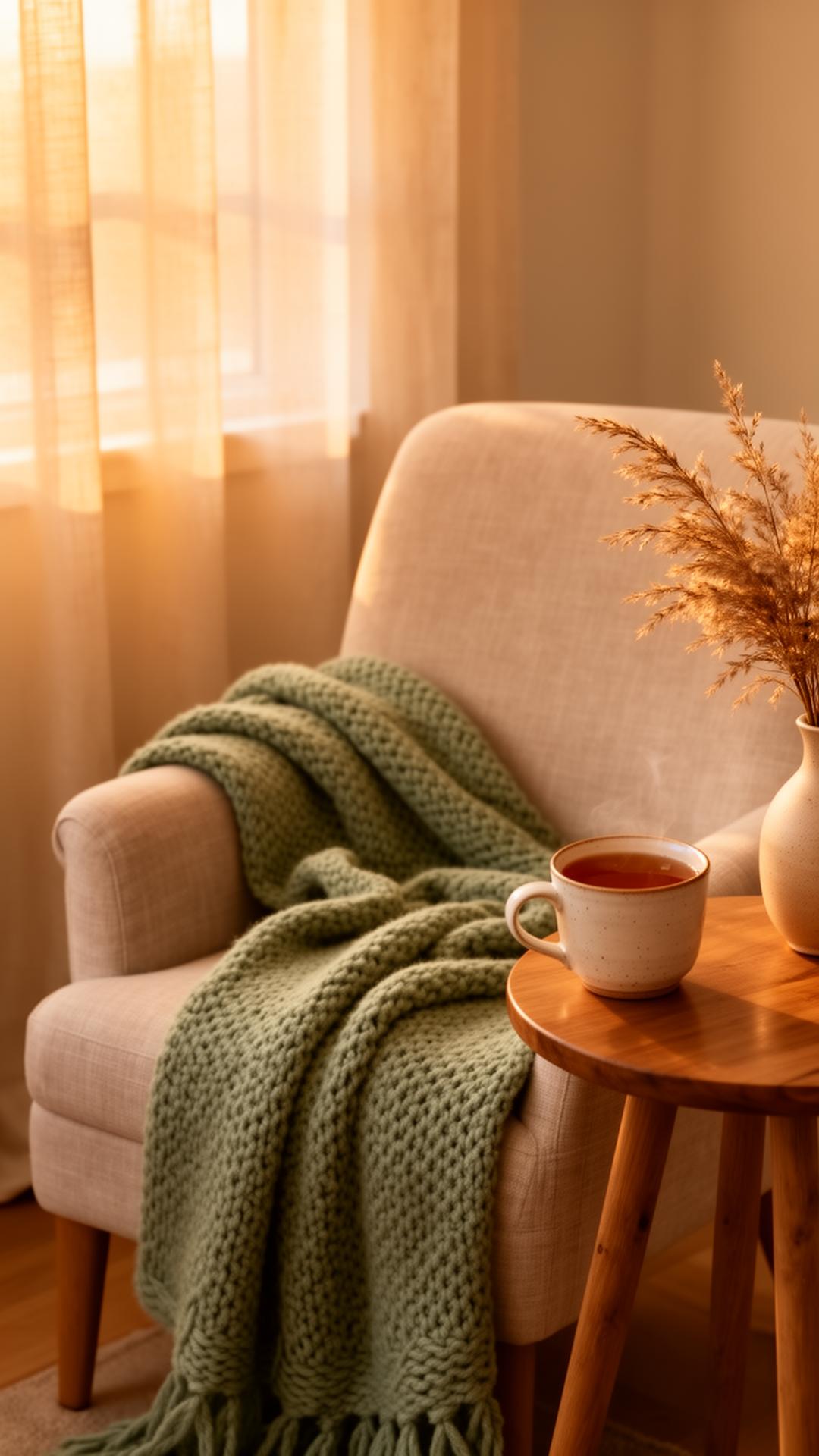 Ein warmes Zuhause: Sessel mit weicher Decke und einer Tasse Tee am Fenster